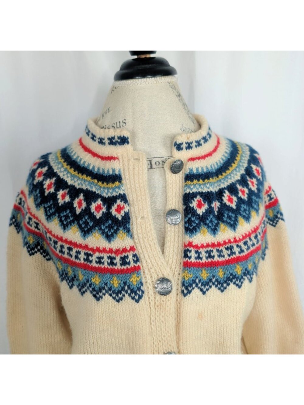 Vintage 60s Fair Isle Knit Cardigan Medium Cream Nordic - Picture 3 of 8